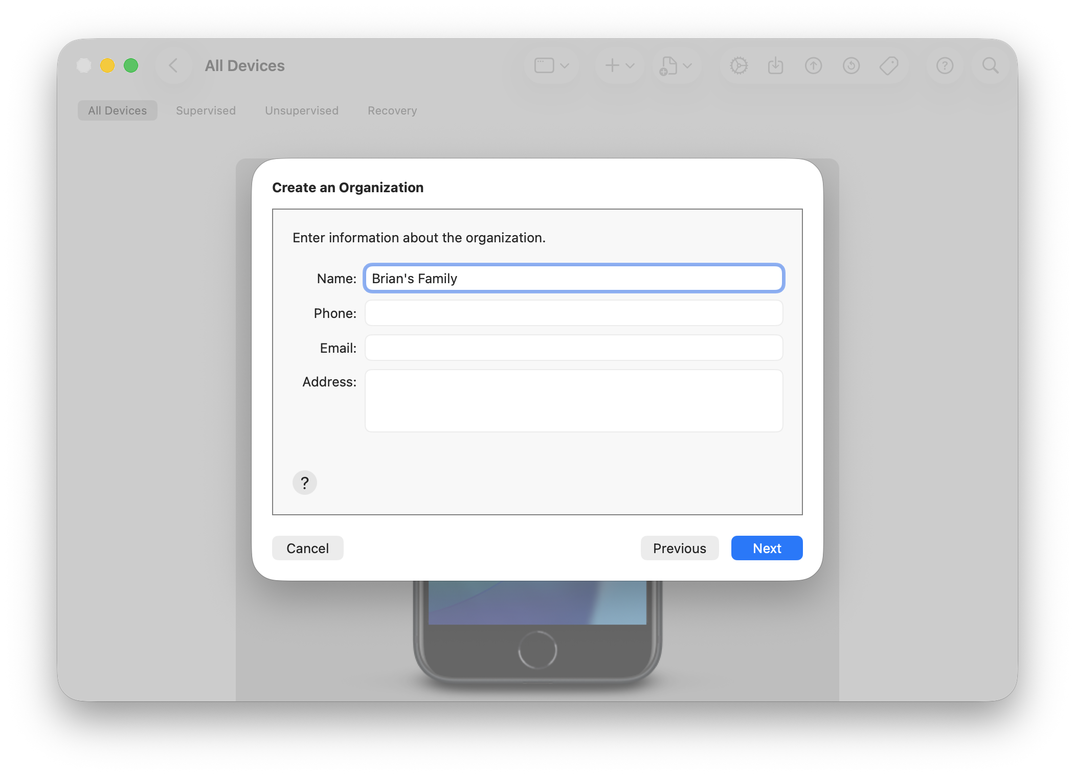 Apple Configurator's Create New Organization Details