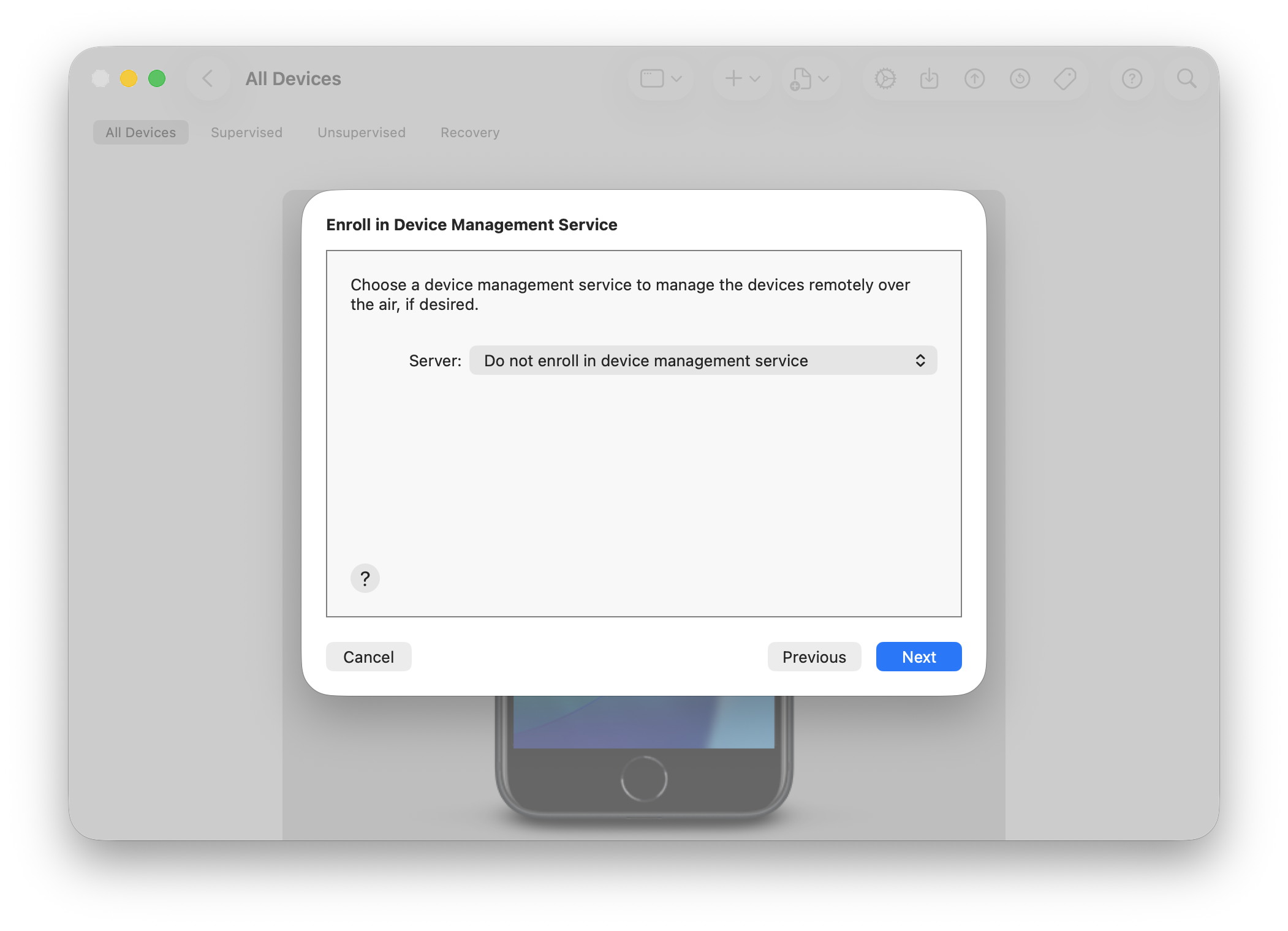 Apple Configurator's Enroll in MDM Server screen, with Do not enroll in MDM selected
