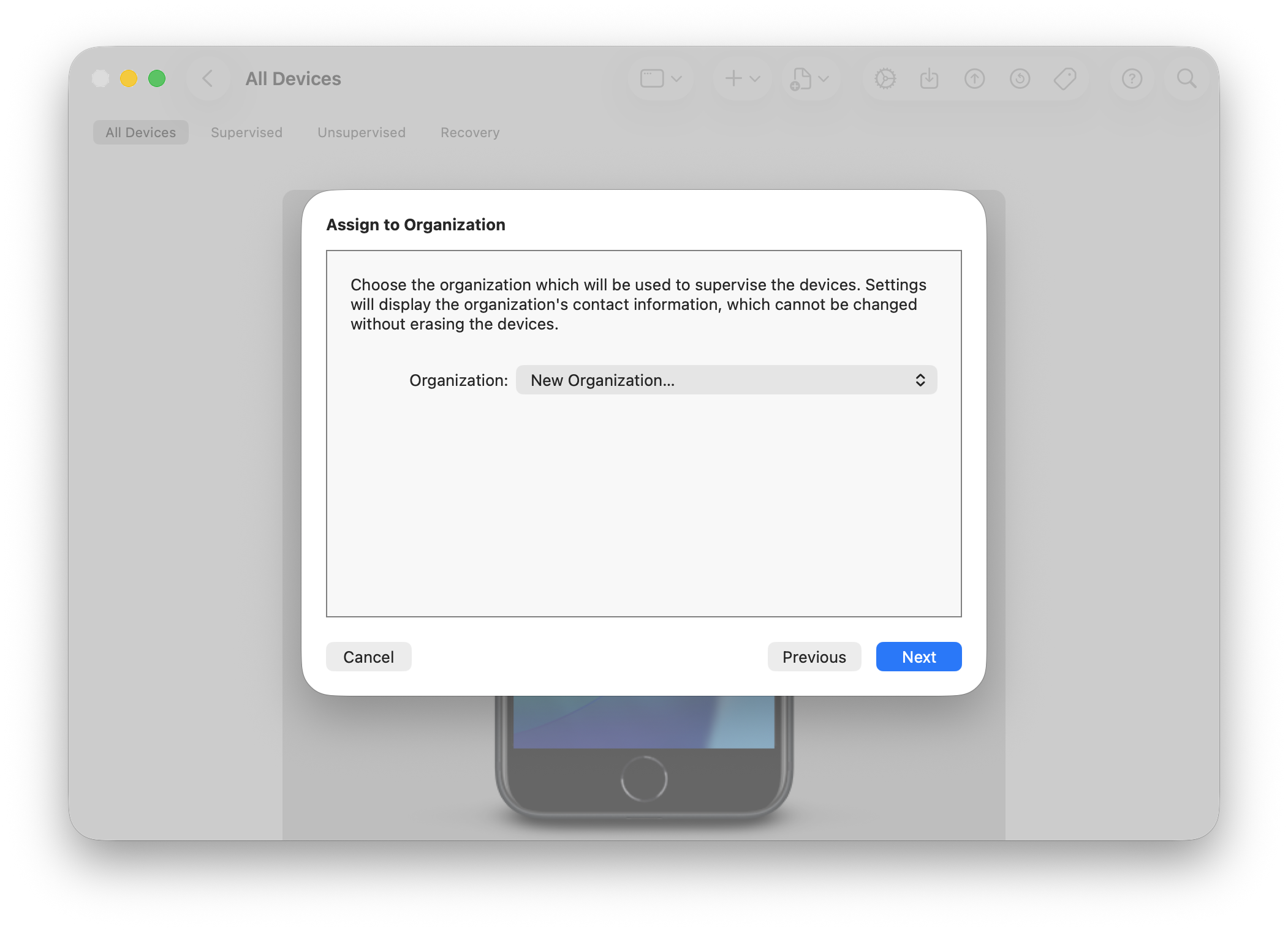 Apple Configurator's Create New Organization selected