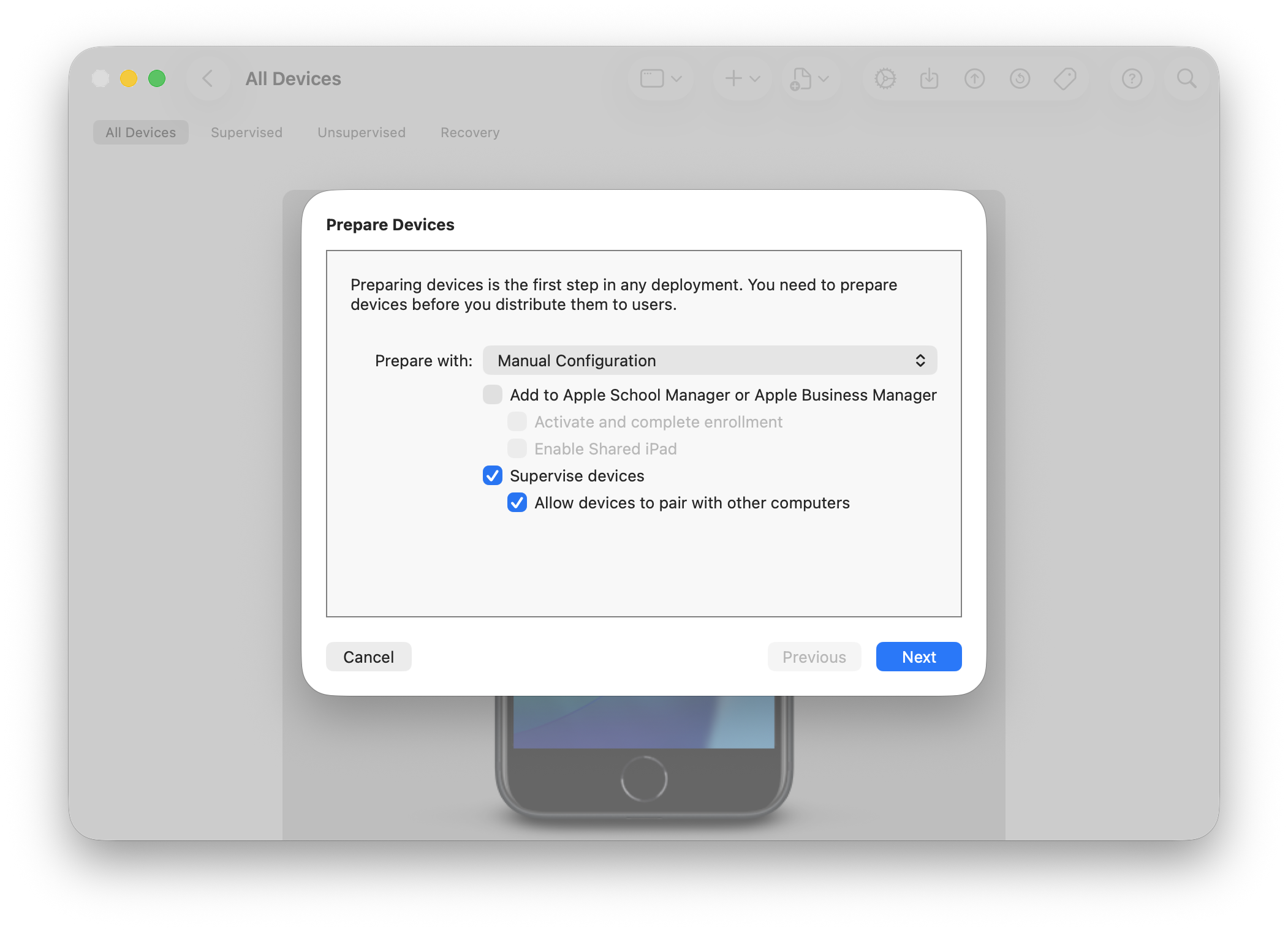 Apple Configurator Prepare options, with Add to Apple Business Manager unchecked and Supervise devices checked