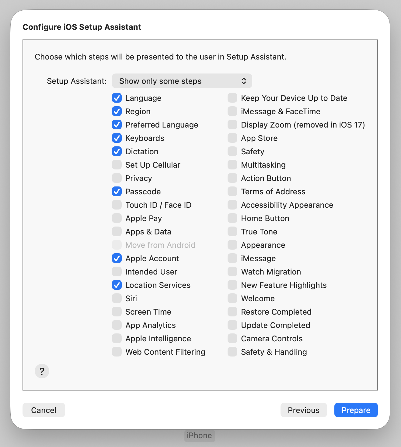 Apple Configurator's Setup Options