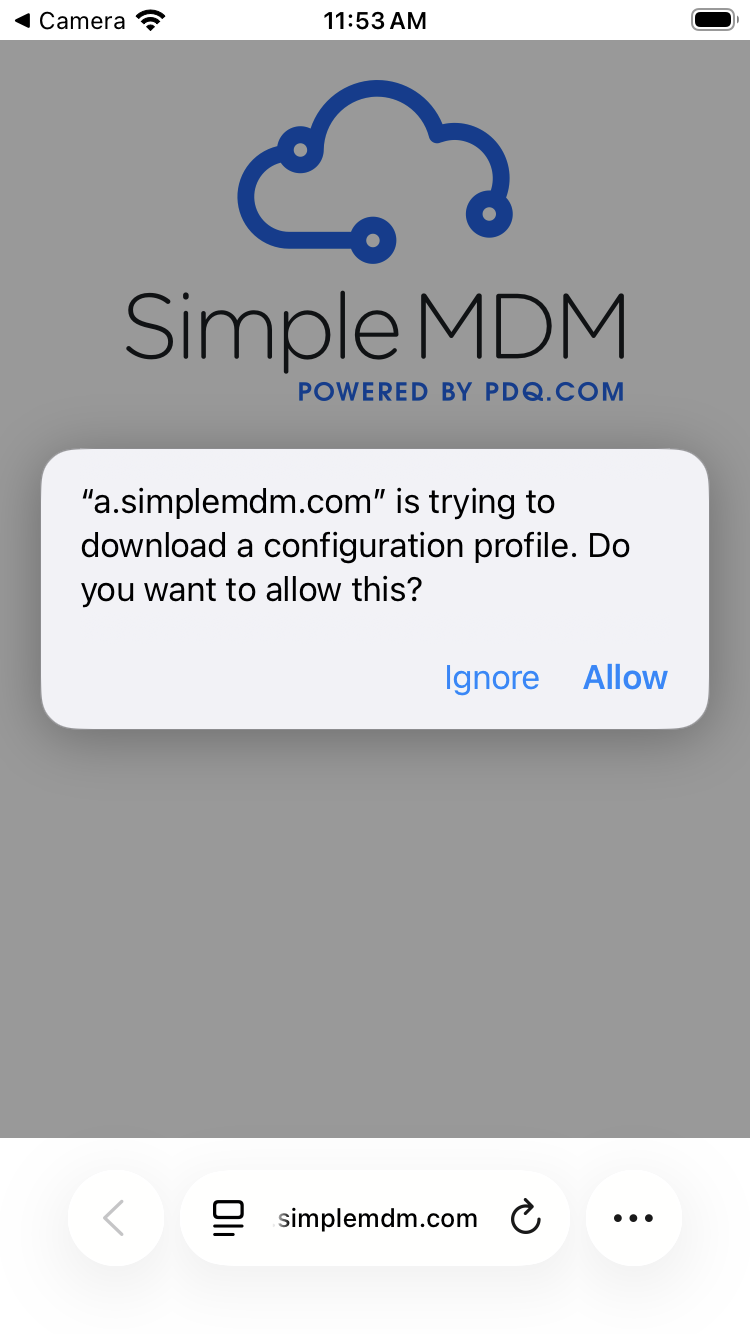 The phone prompt asking to allow the configuration profile download, with Allow highlighted