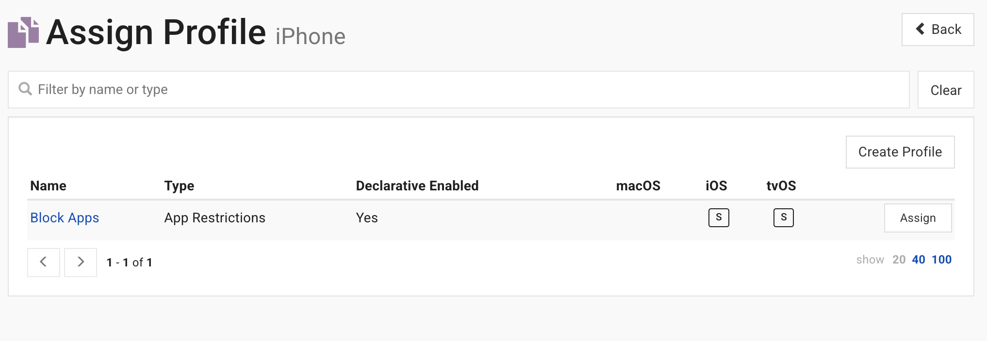 The Assign Profile screen listing Block Apps with its Assign button