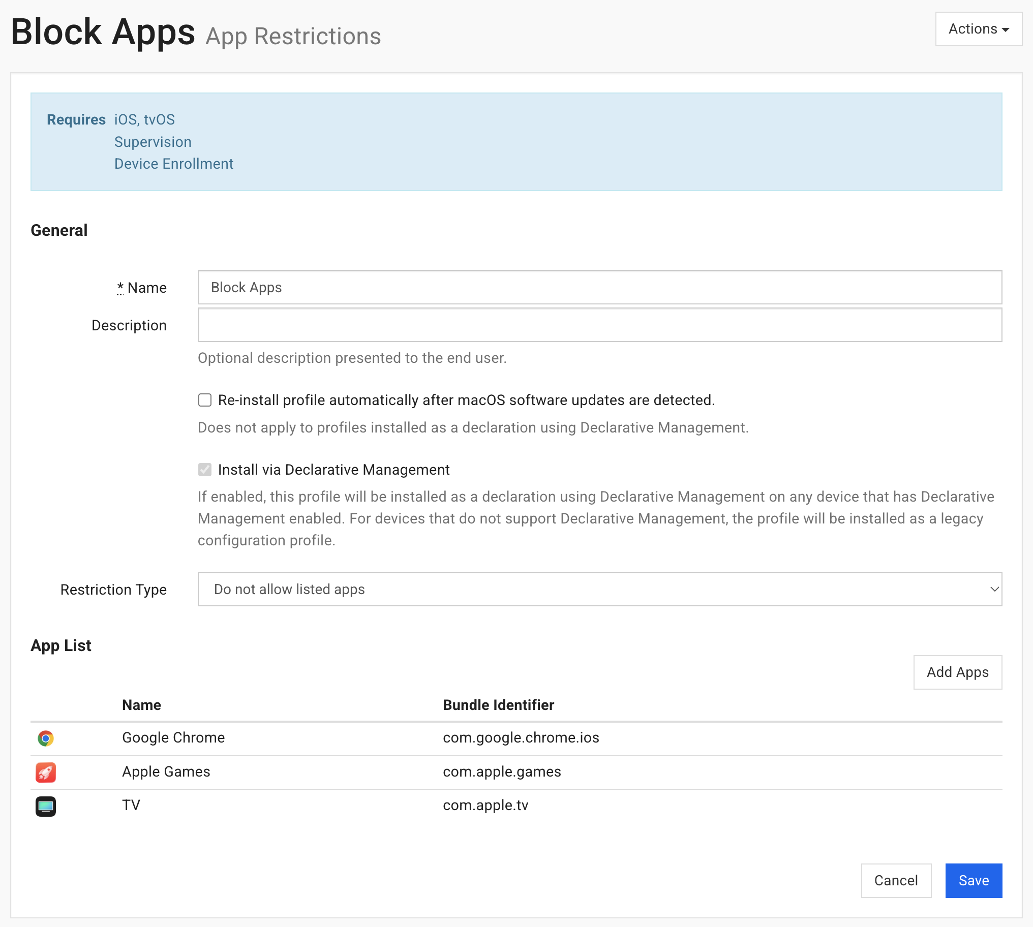 The Block Apps App Restrictions profile, set to "Do not allow listed apps" with a few apps listed