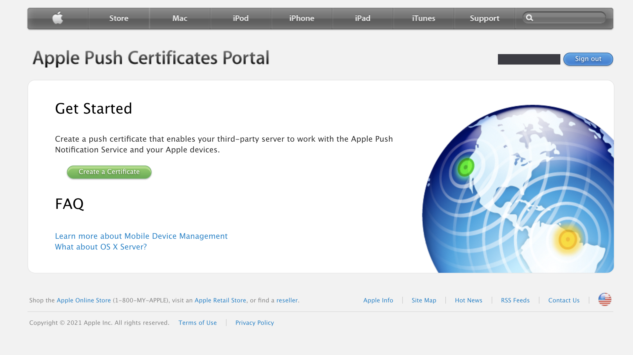 The Apple Push Certificates Portal Get Started page, with the Create a Certificate button