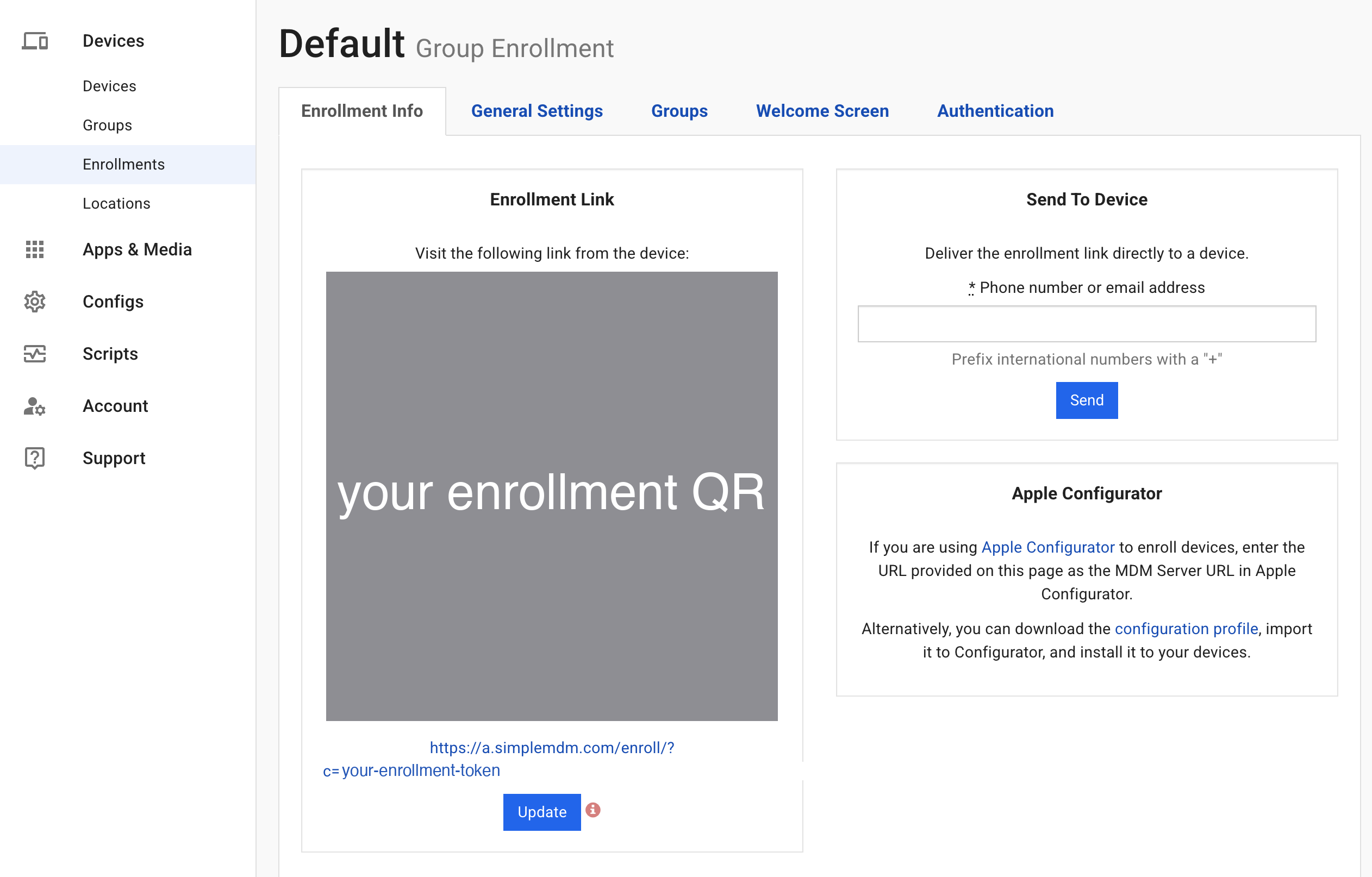 The Default enrollment's Enrollment Info tab with its QR code and link
