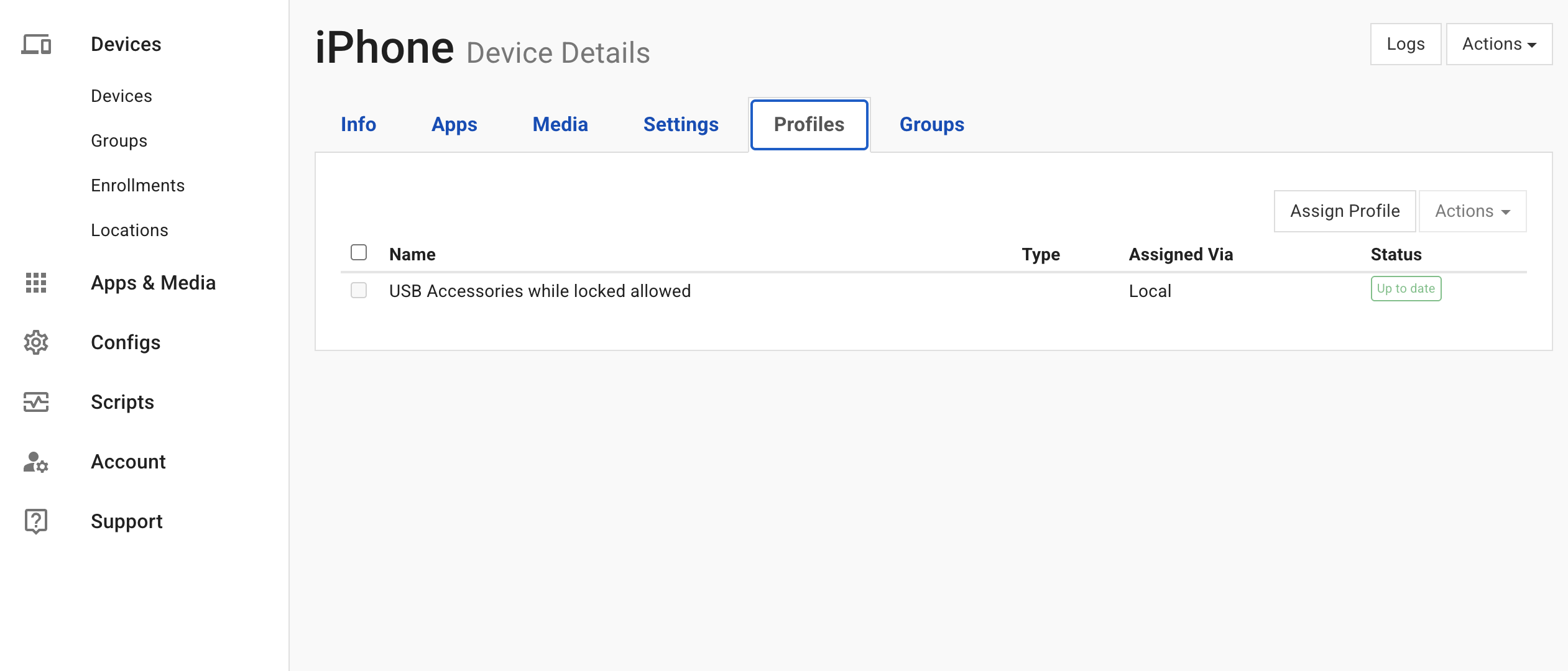 The iPhone's Device Details Profiles tab with the Assign Profile button