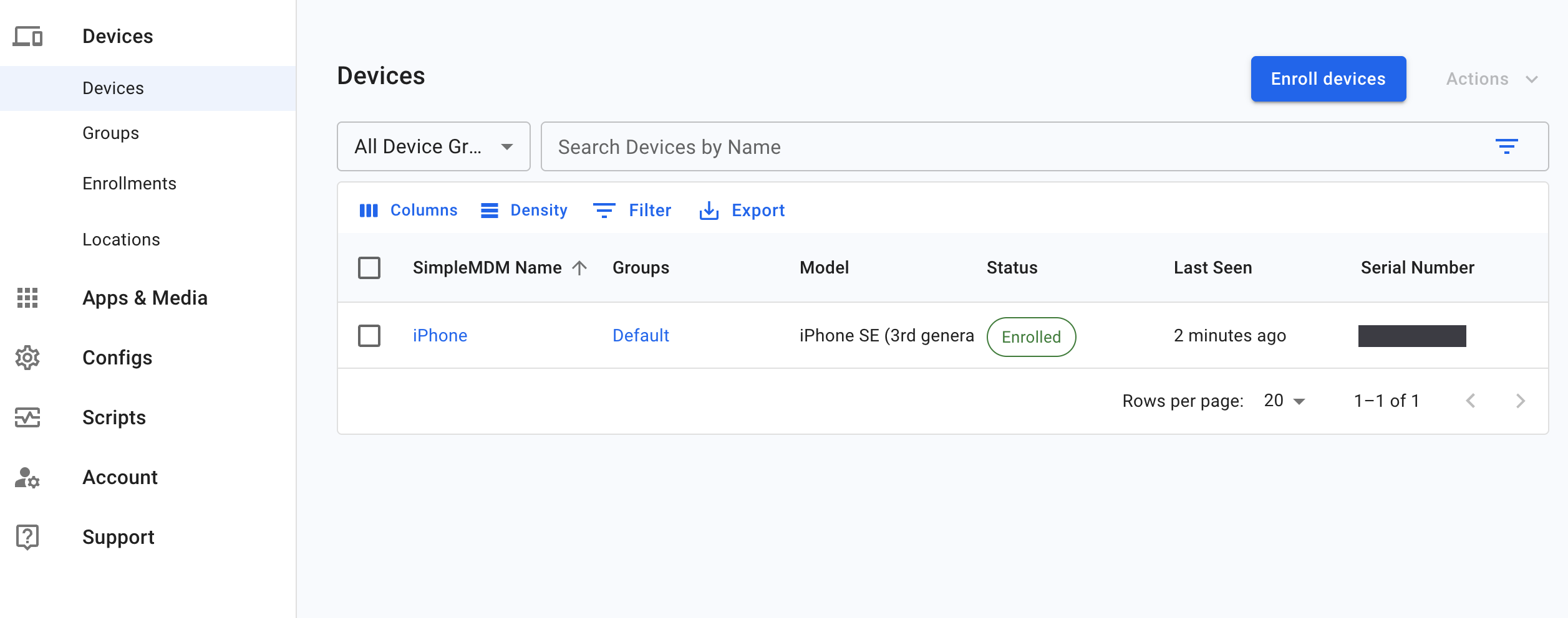 SimpleMDM's Devices list showing the iPhone enrolled in the Default group