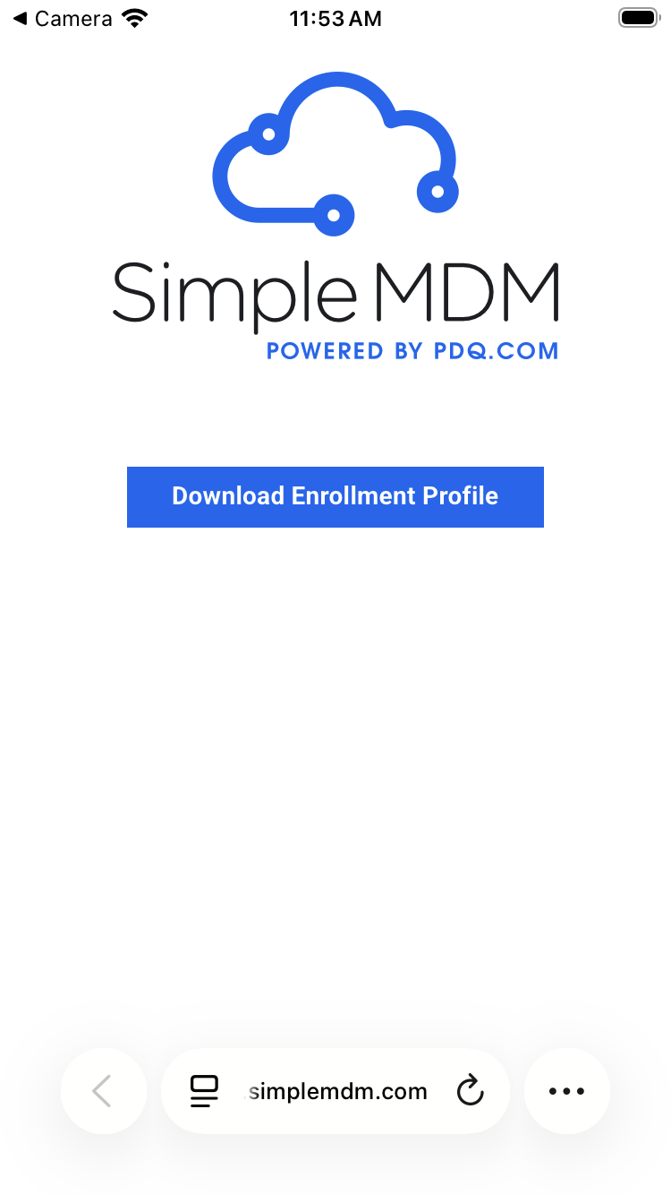 The SimpleMDM enrollment page on the phone with the Download Enrollment Profile button