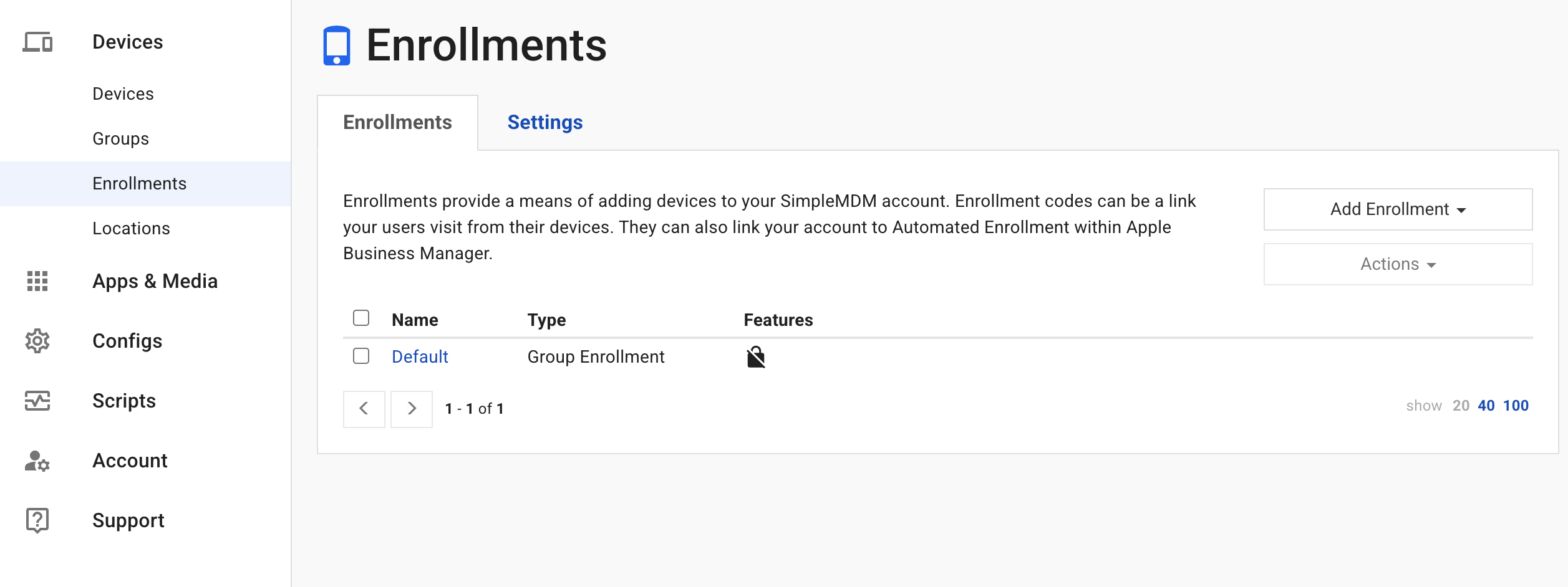 SimpleMDM's Enrollments screen showing the Default group enrollment