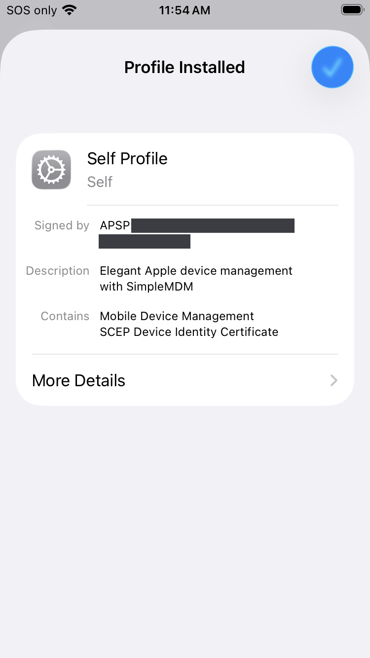 The Profile Installed confirmation screen