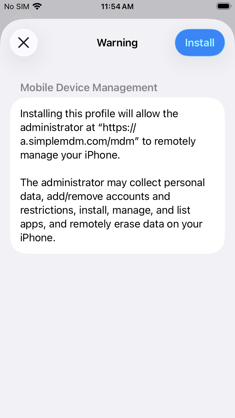 The Mobile Device Management warning confirming the administrator can manage the iPhone