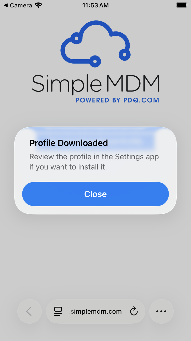 The Profile Downloaded message telling you to review the profile in Settings