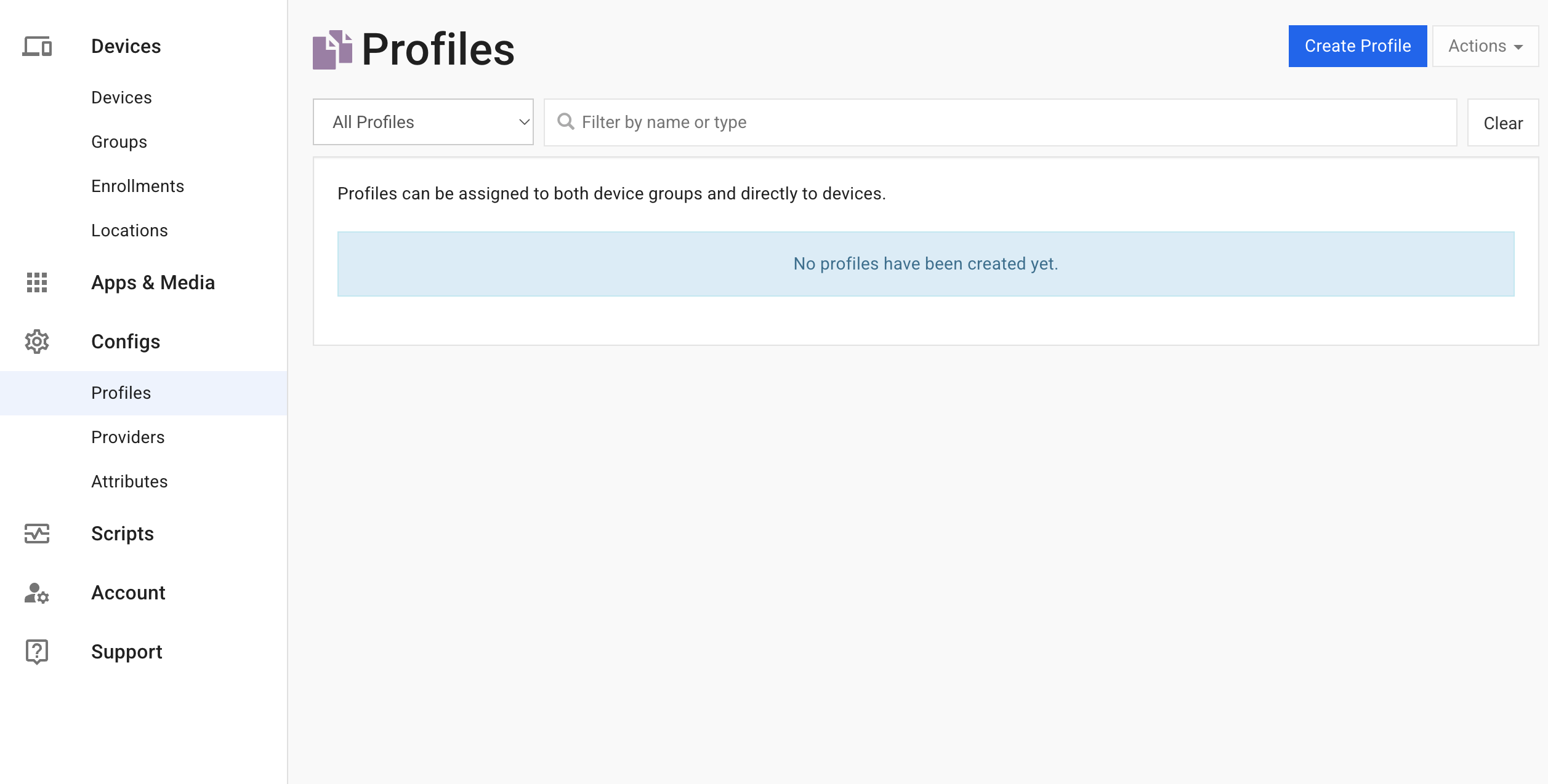 SimpleMDM's empty Profiles screen with the Create Profile button