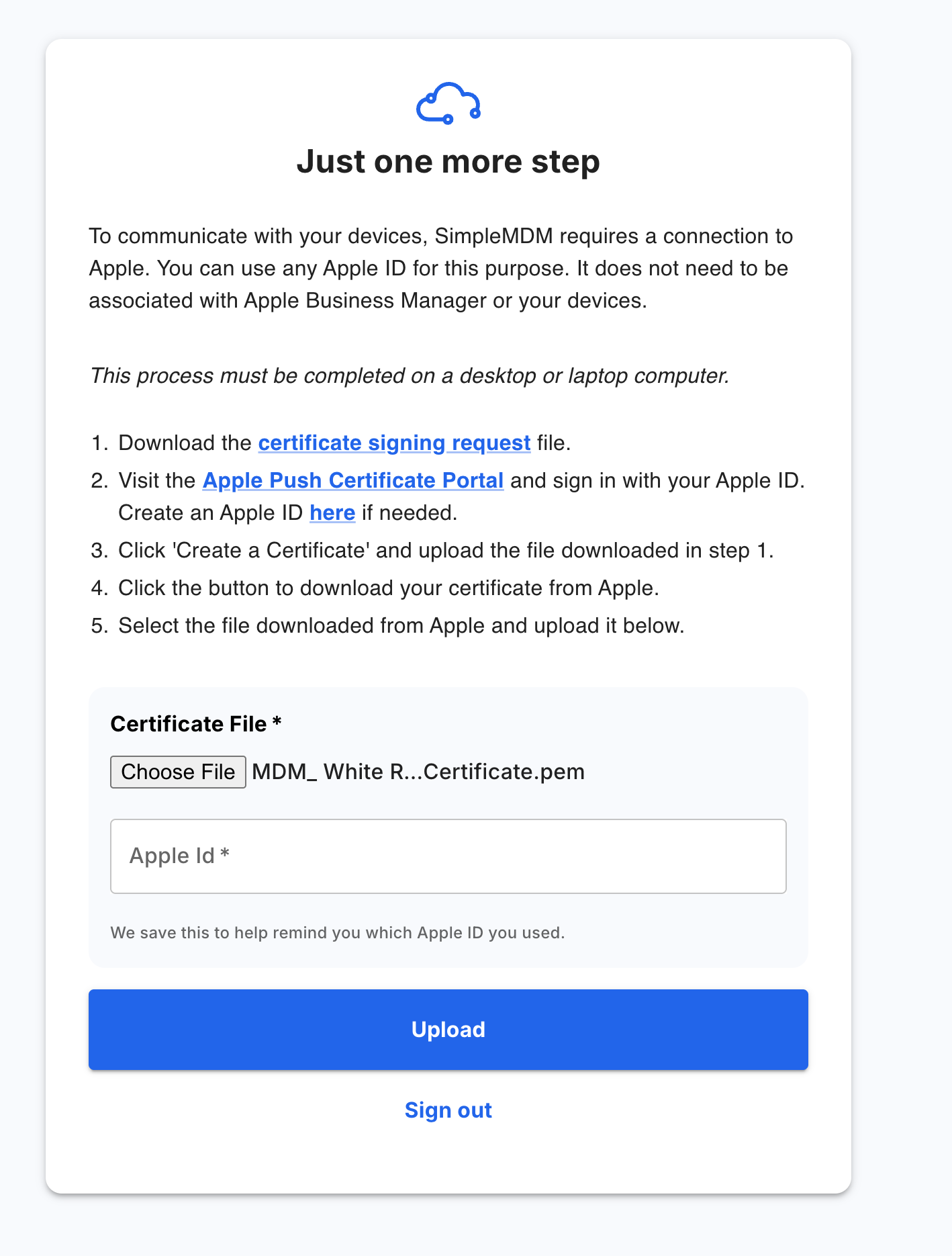 SimpleMDM's "Just one more step" Apple push certificate screen, listing the steps to create and upload the certificate