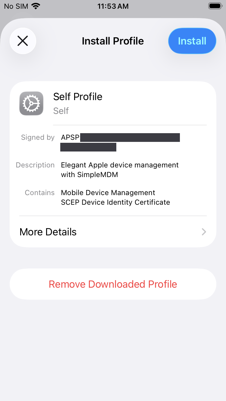 The Install Profile screen for the SimpleMDM management profile