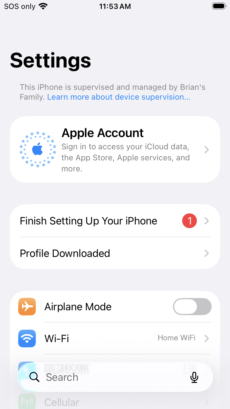 The Settings app showing the supervised banner and the Profile Downloaded row